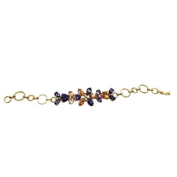 Gold-tone Floral Bracelet With Purple & Amber-color Rhinestones - Picture 5 of 7